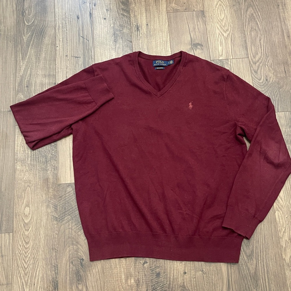Polo Ralph Lauren Men Large Burgundy Pima Cotton V-Neck Sweater Maroon Pony Logo